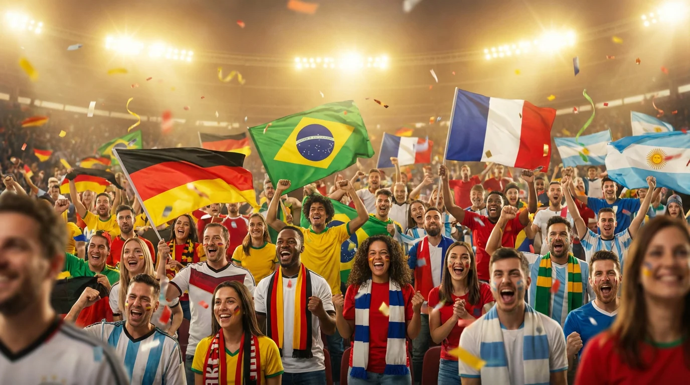 Begeisterte Fans mit Nationalflaggen auf der Tribüne eines WM-Stadions