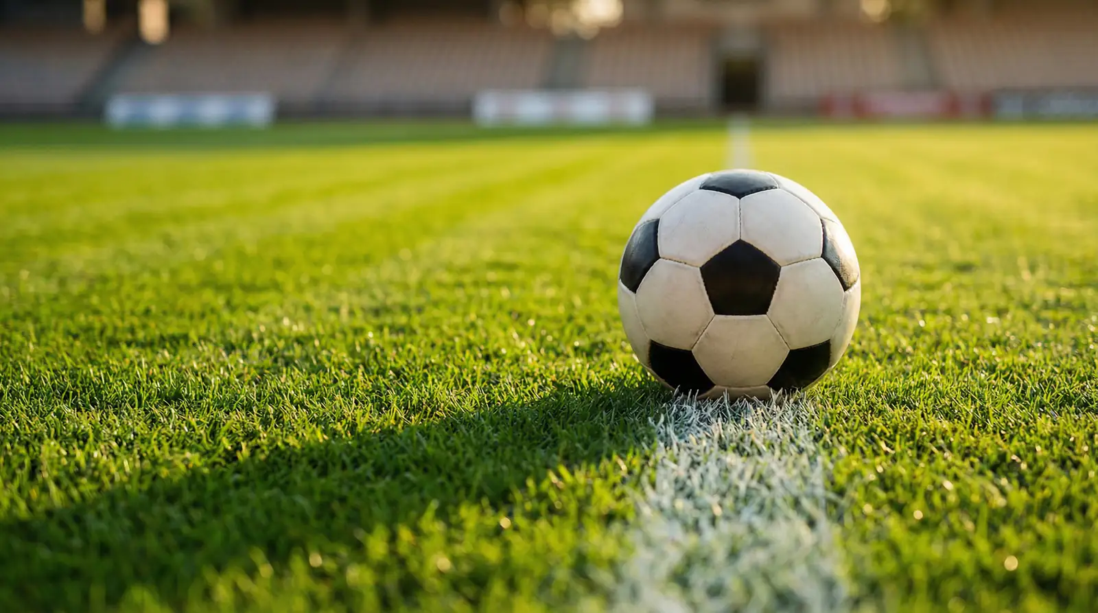 Nahaufnahme eines gepflegten Naturrasens mit weißer Seitenlinie in einem WM-Stadion