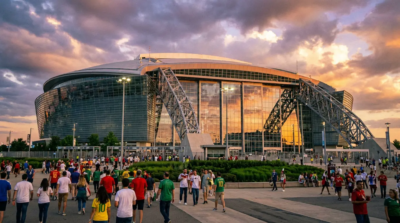 Außenansicht eines modernen Fußballstadions bei Sonnenuntergang vor einem WM-Spieltag