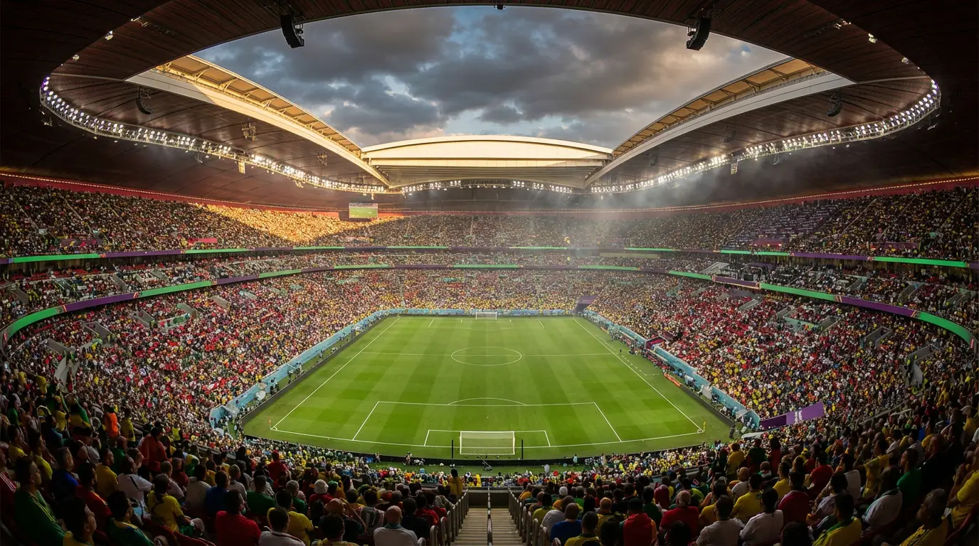 Panoramablick auf ein gefülltes WM-2026-Stadion vor dem Anstoß